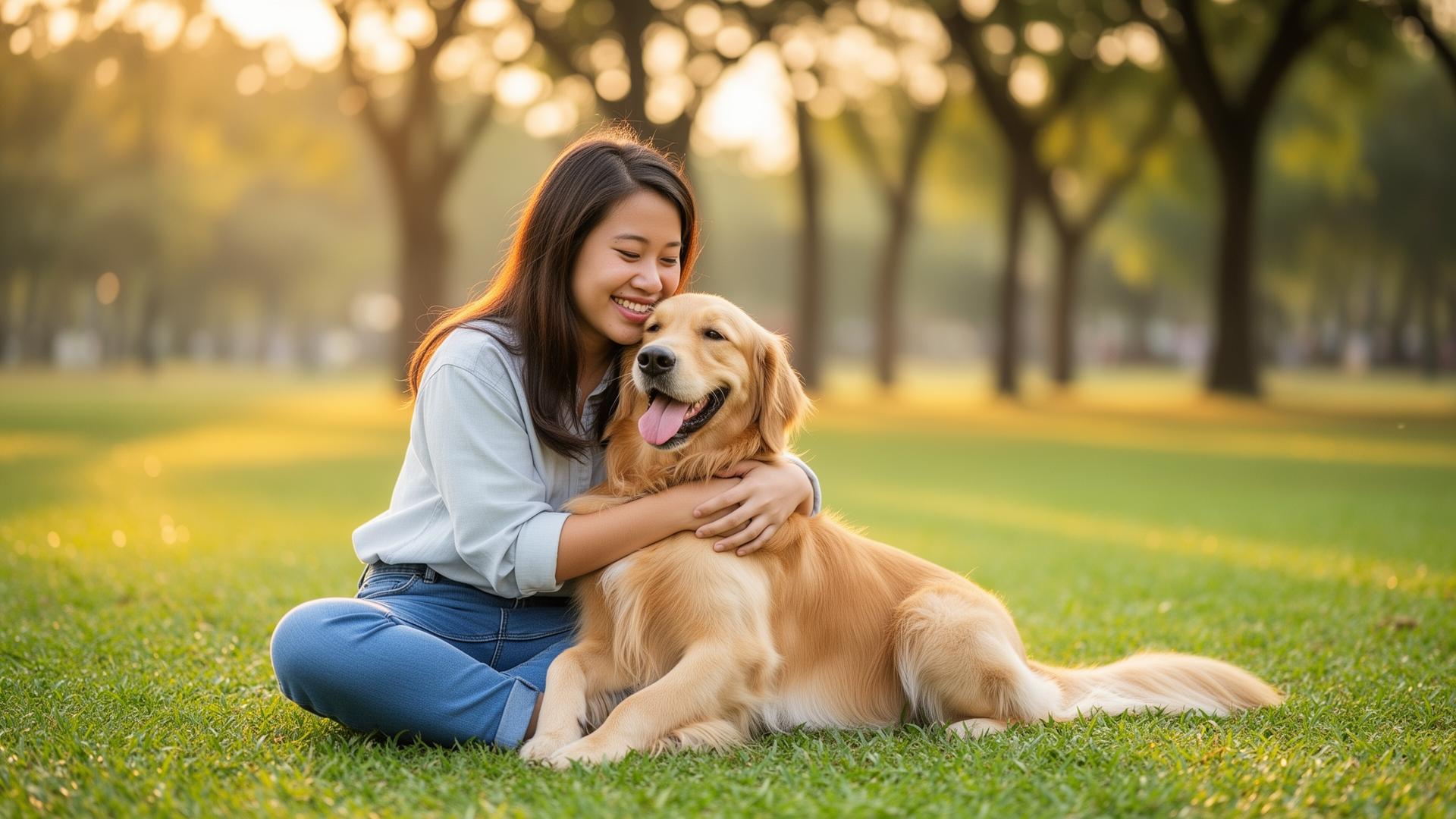 Happy dog with caring sitter